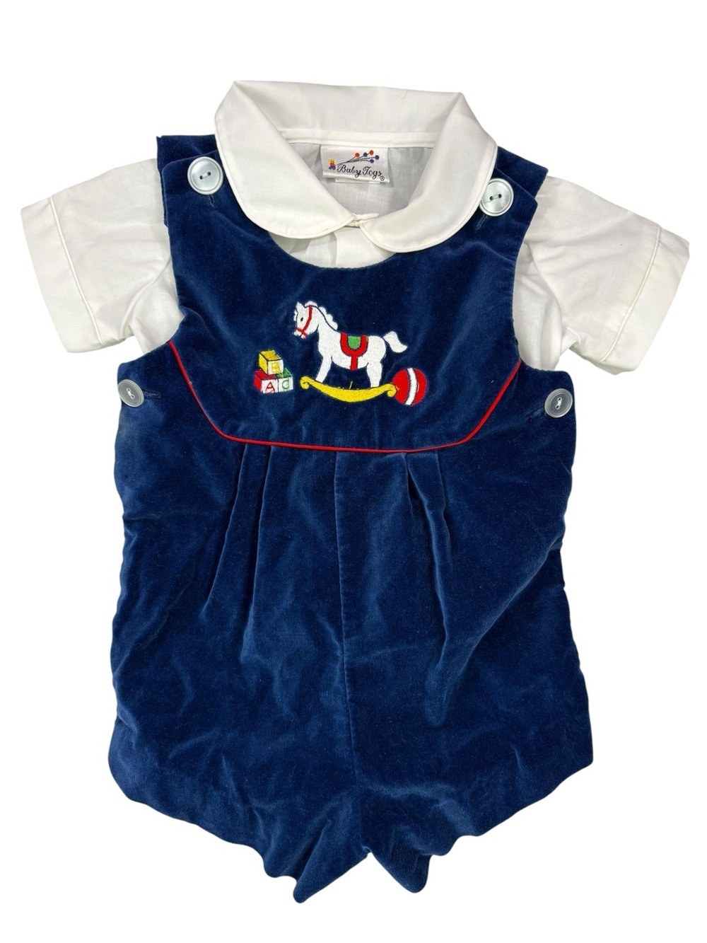 Vintage Baby Togs 2pc Dungaree Romper with Rocking Horse Embroidery White Shirt